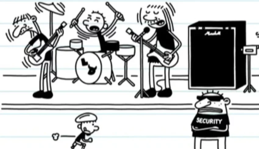 A cartoon drawing of a group of people playing music.