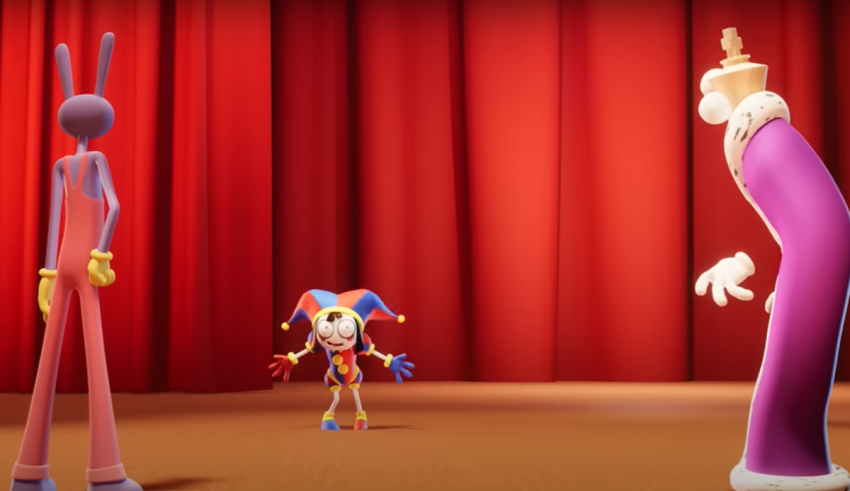 A group of cartoon characters are standing in front of a red curtain.