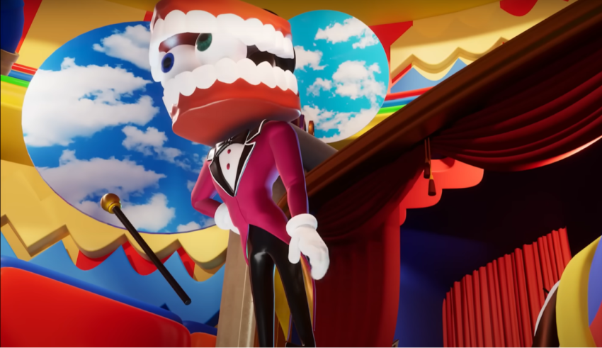 A cartoon character is standing in front of a circus tent.