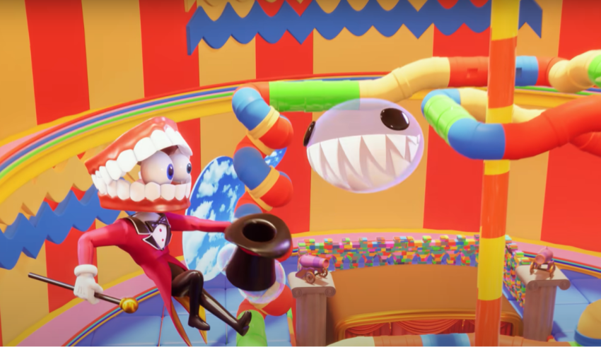 A video game with a clown in a circus.