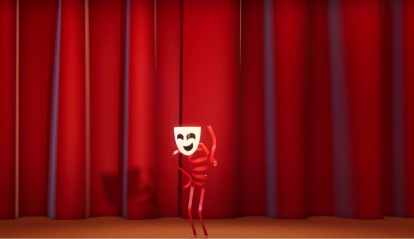 A cartoon character is standing in front of a red curtain.