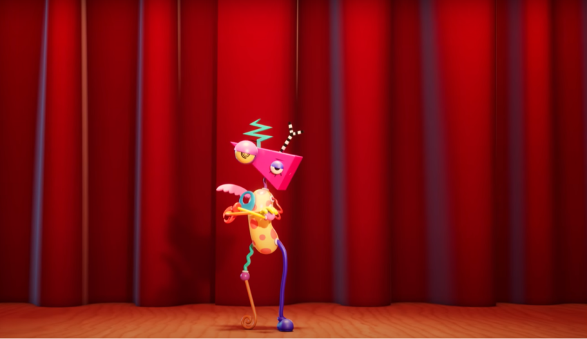 A cartoon character is standing in front of a red curtain.