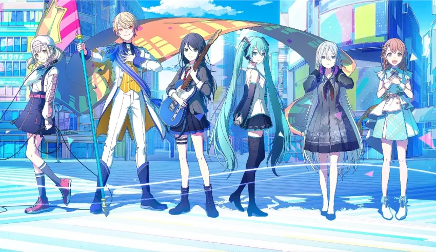 A group of anime characters standing in front of a city.
