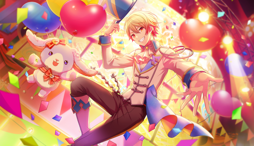 An anime character with balloons and confetti.