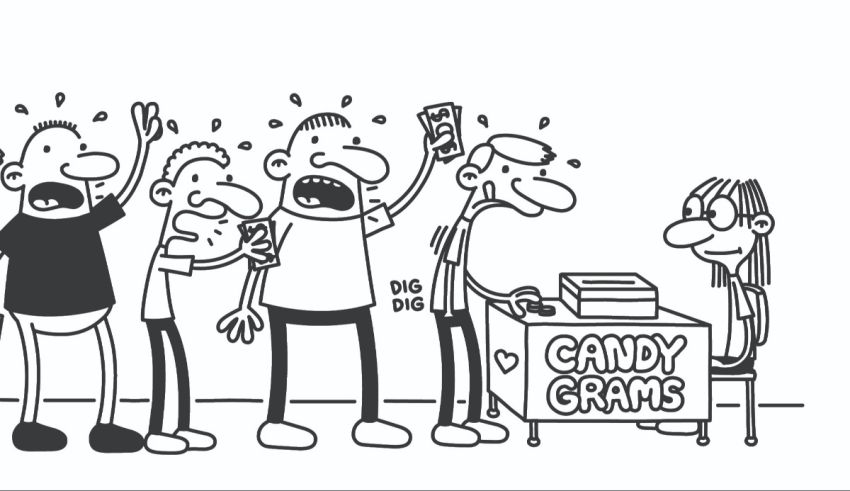 A cartoon of a group of people at a candy store.