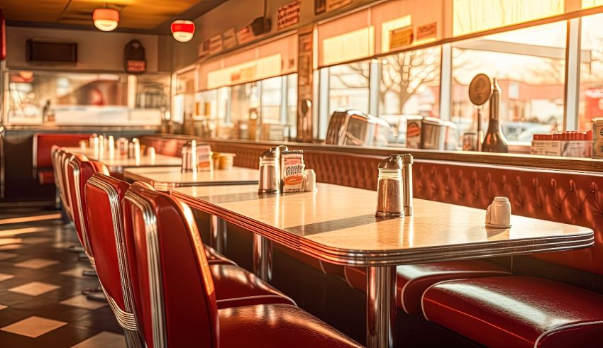 An empty diner with red booths and tables.