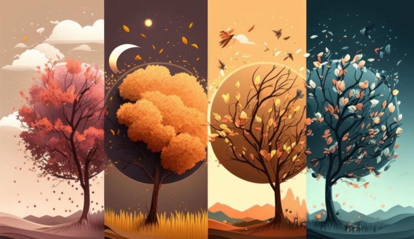 A series of autumn trees in different colors.