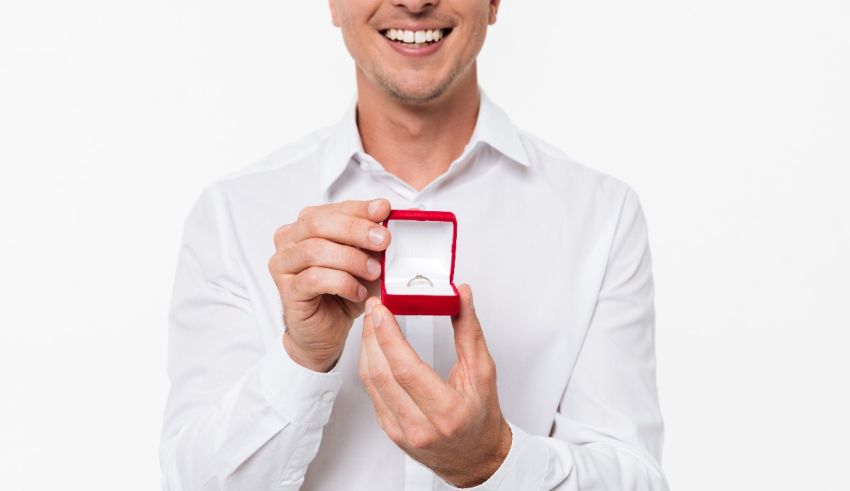 A man holding an empty ring box on a white background.