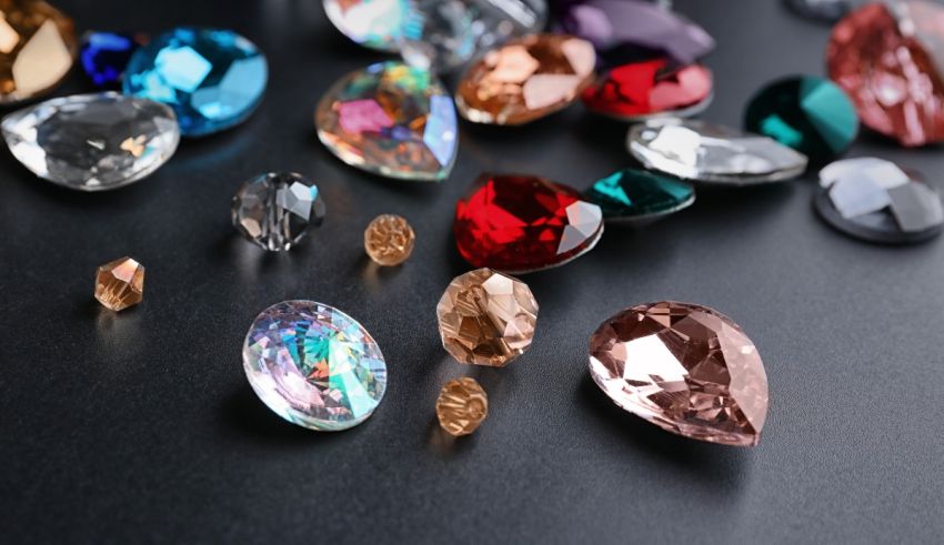 A variety of colored gemstones on a black surface.