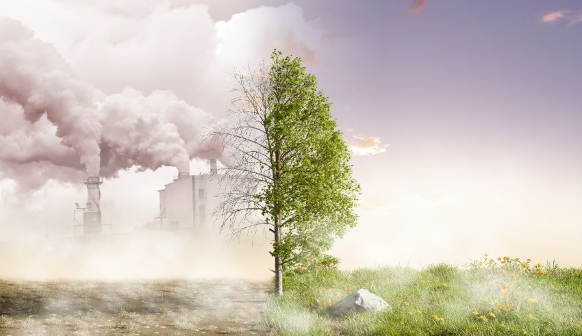 An image of a tree and a factory with smoke coming out of it.