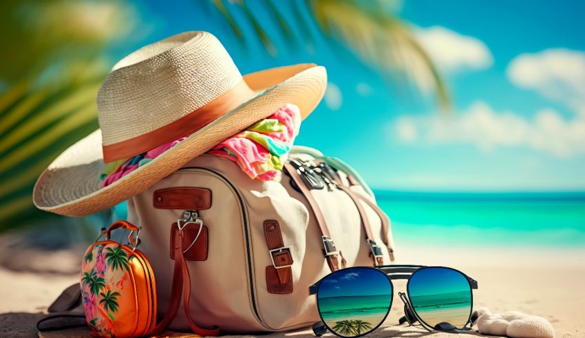 A hat, sunglasses and a bag on the beach.