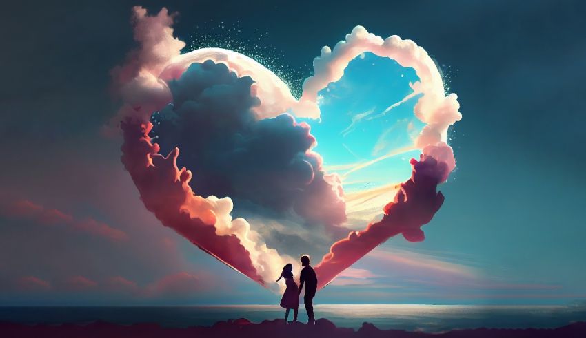 A couple standing in front of a heart shaped cloud.