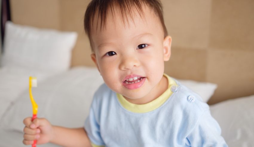 A young asian boy holding a toothbrush on a bed.