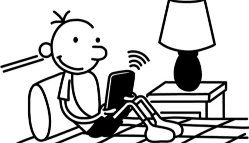 A black and white drawing of a boy sitting on a bed with a tablet.