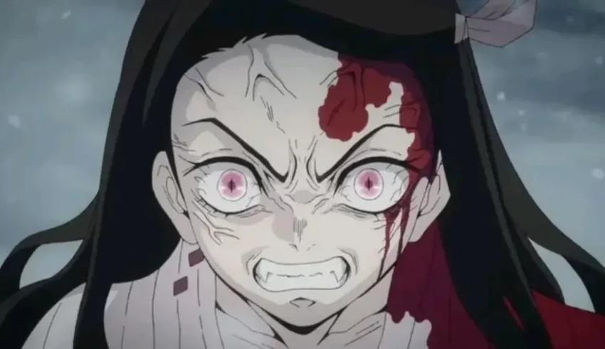 An anime character with blood on her face.