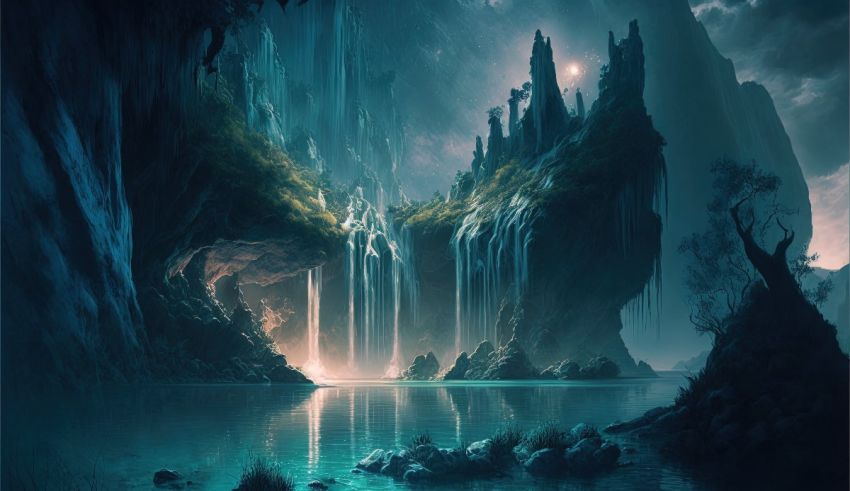 A painting of a waterfall in a dark cave.