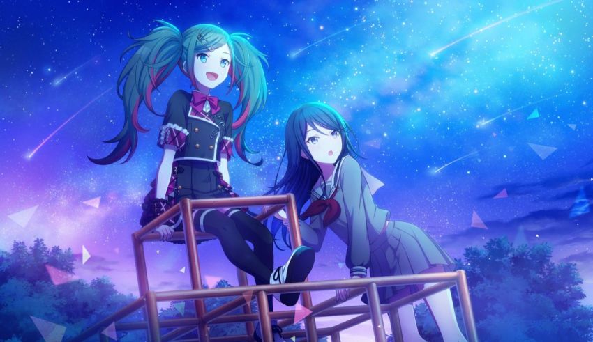 Two anime girls sitting on a chair under a starry sky.