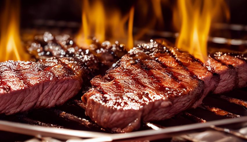 Steaks on a grill with flames coming out of them.