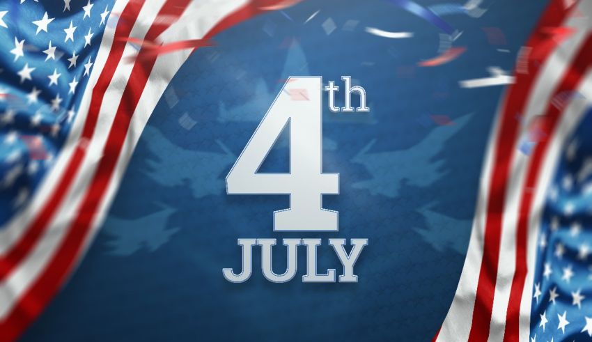 The 4th of july is shown on a blue background with confetti.