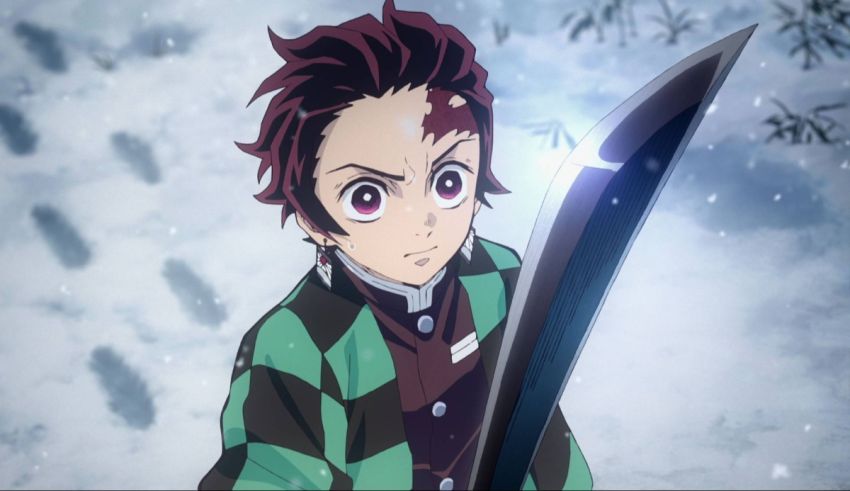 An anime character holding a sword in the snow.