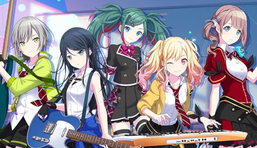 A group of anime girls standing next to a guitar.
