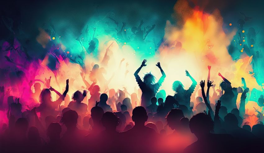 A group of people at a concert with colorful smoke.