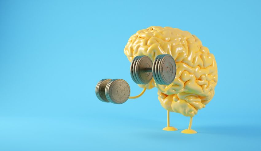 A cartoon brain with dumbbells on a blue background.