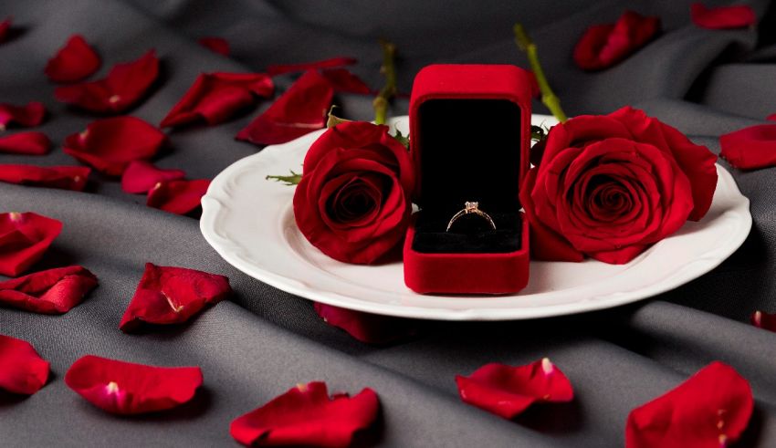 Red roses on a plate with an engagement ring.