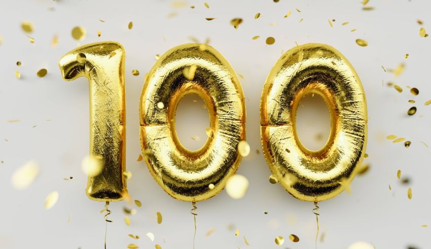 100 gold balloons on a white background.