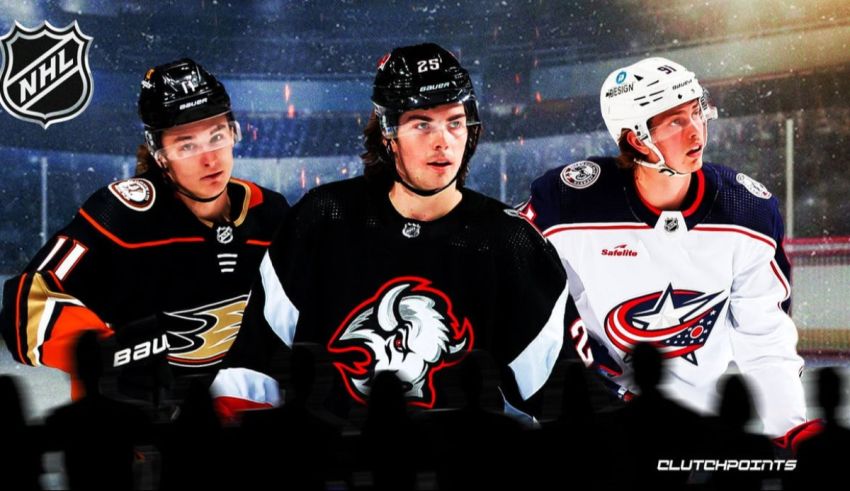 Three nhl players standing in front of a dark background.