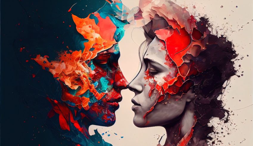 A woman and a man face each other in a colorful painting.