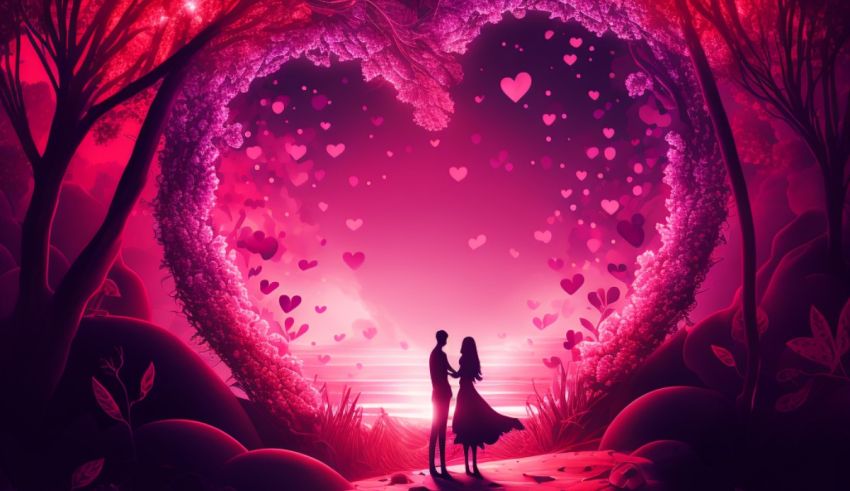 A couple standing in front of a heart shape in the forest.