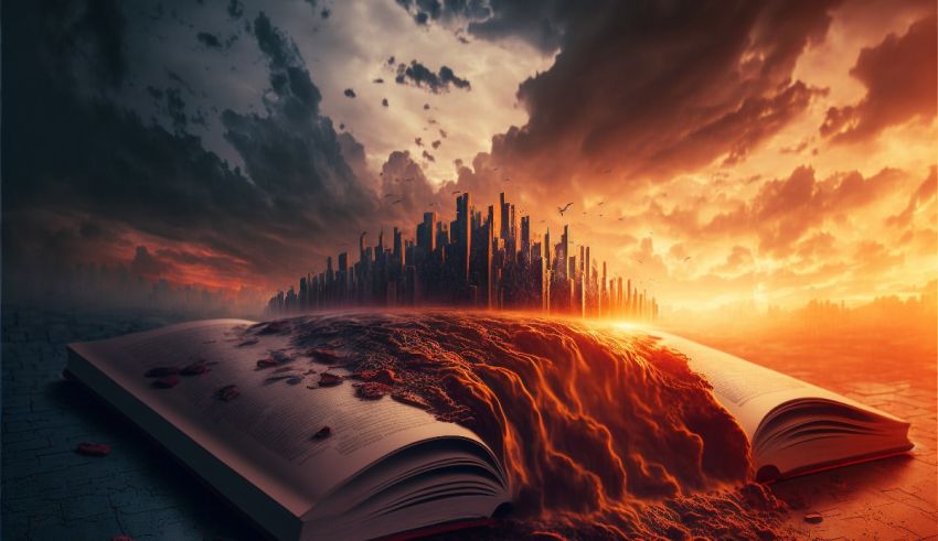 An open book with a city on top of it.