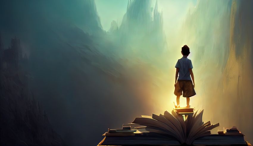 A boy is standing on top of an open book.