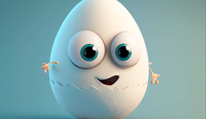 A cartoon egg with big eyes on a blue background.