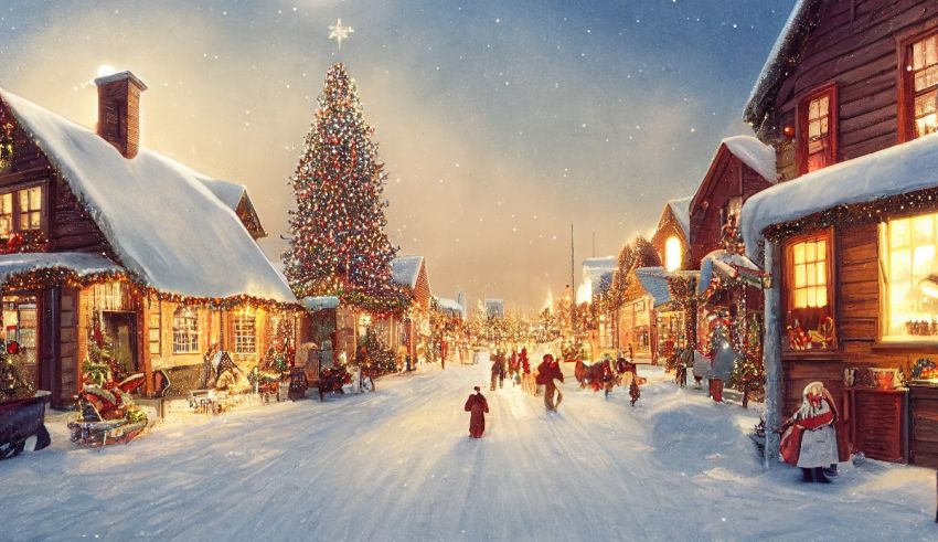 An image of a christmas village with a christmas tree.