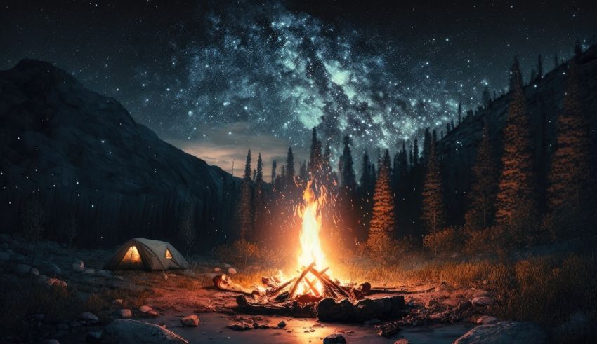 A campfire in the mountains at night.