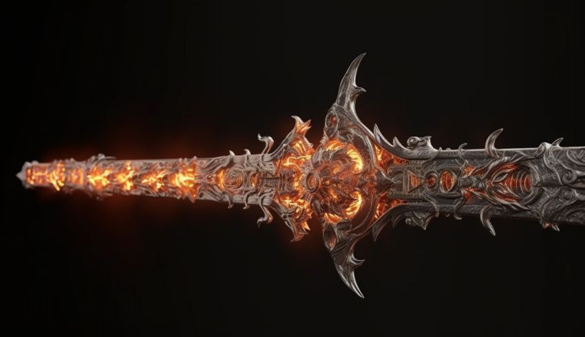 A sword with flames on it on a black background.