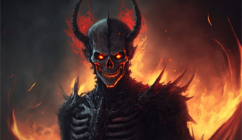 A skeleton with horns and flames in the background.