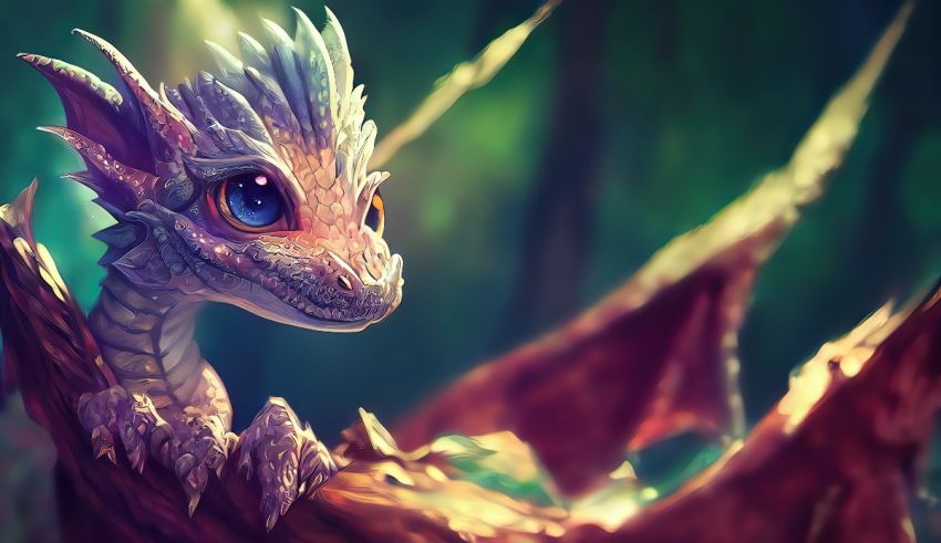 A cute little dragon with blue eyes sitting on a branch.
