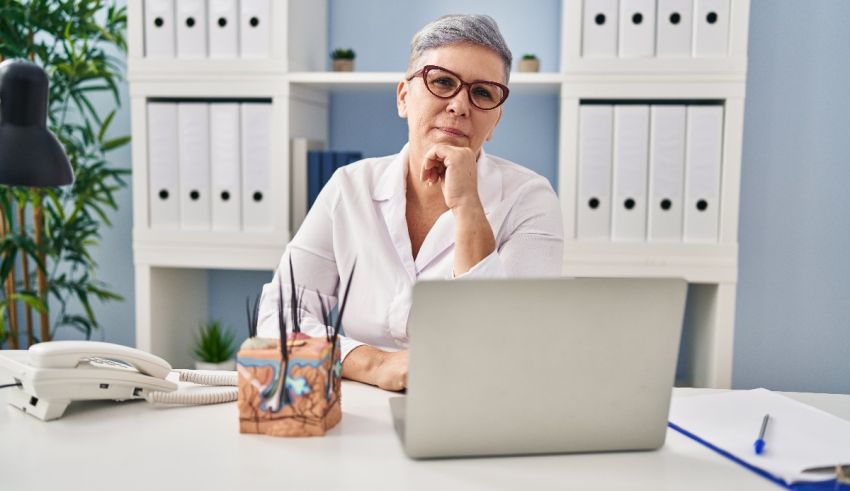 A woman in glasses is sitting at a desk with a laptop.