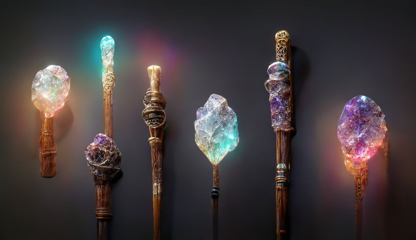 Harry potter wands with crystals on them.