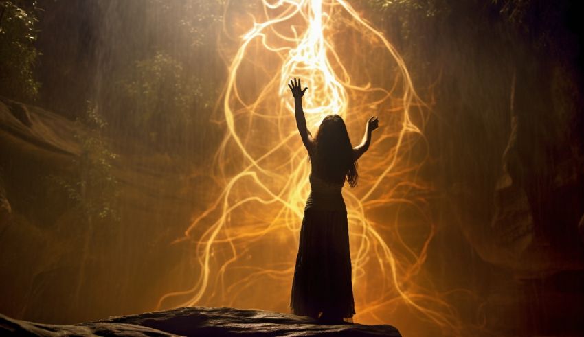 A woman is standing on a rock in front of a lightning bolt.