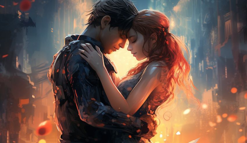 A man and woman hugging in front of a city.