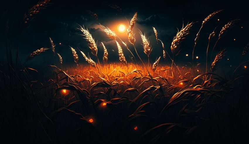 An image of a field of wheat at night.