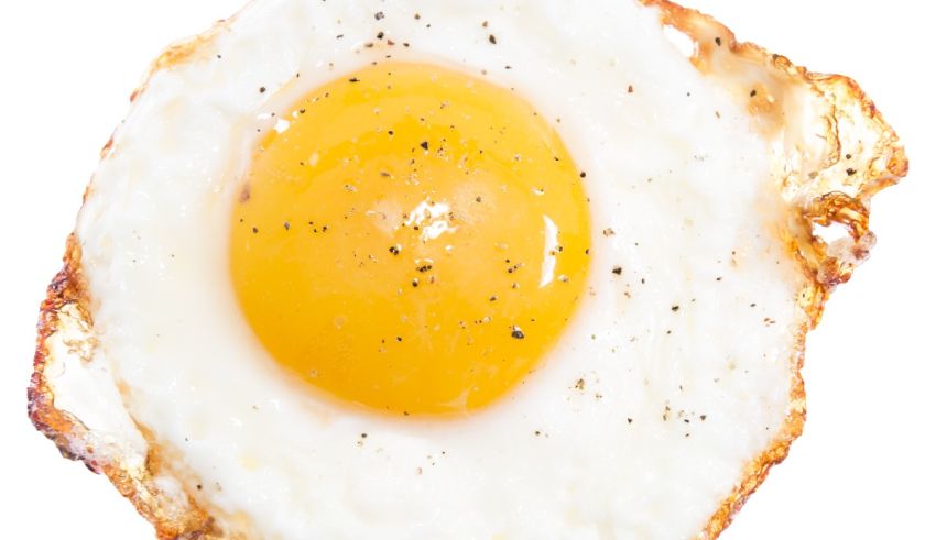 An fried egg is shown on a white background.