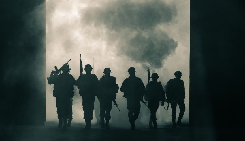 Silhouettes of soldiers walking through a door.
