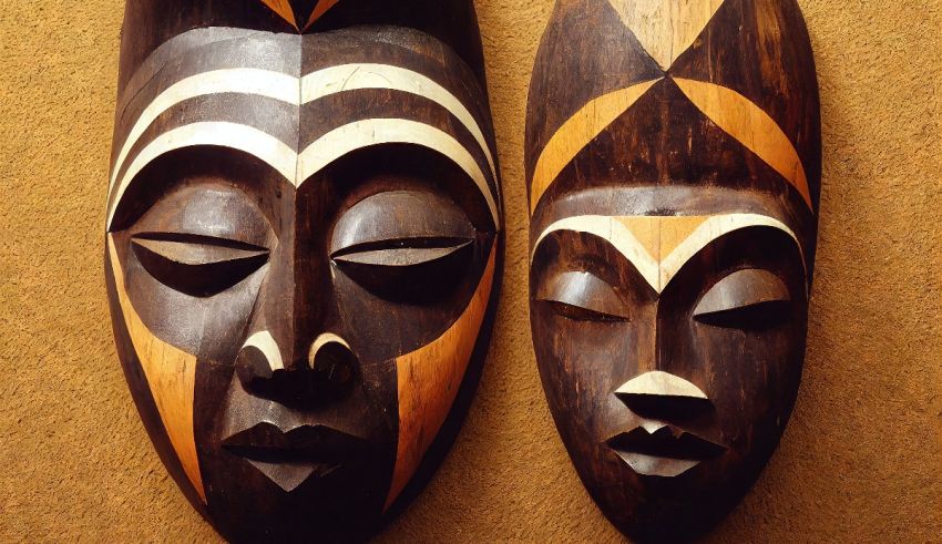 Two wooden african masks on a wall.