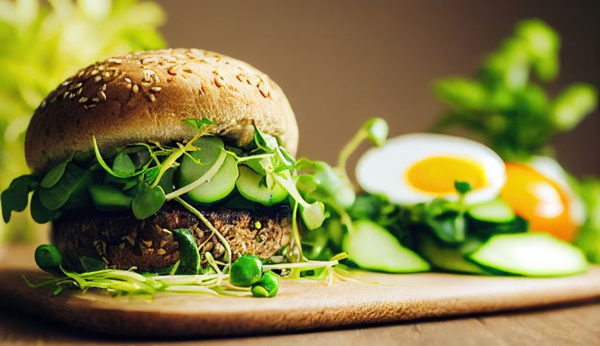 A burger with eggs and vegetables on a wooden cutting board.
