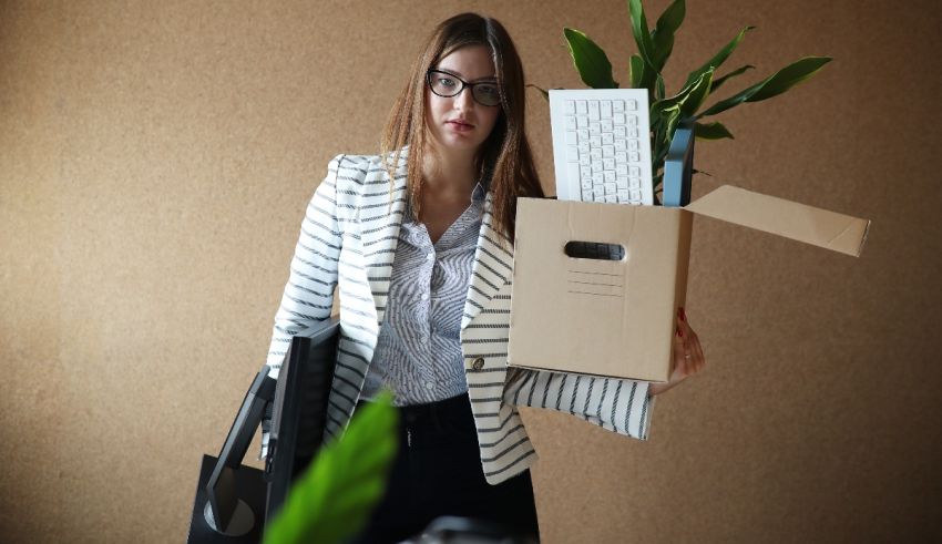 A business woman holding a box with a plant in it.